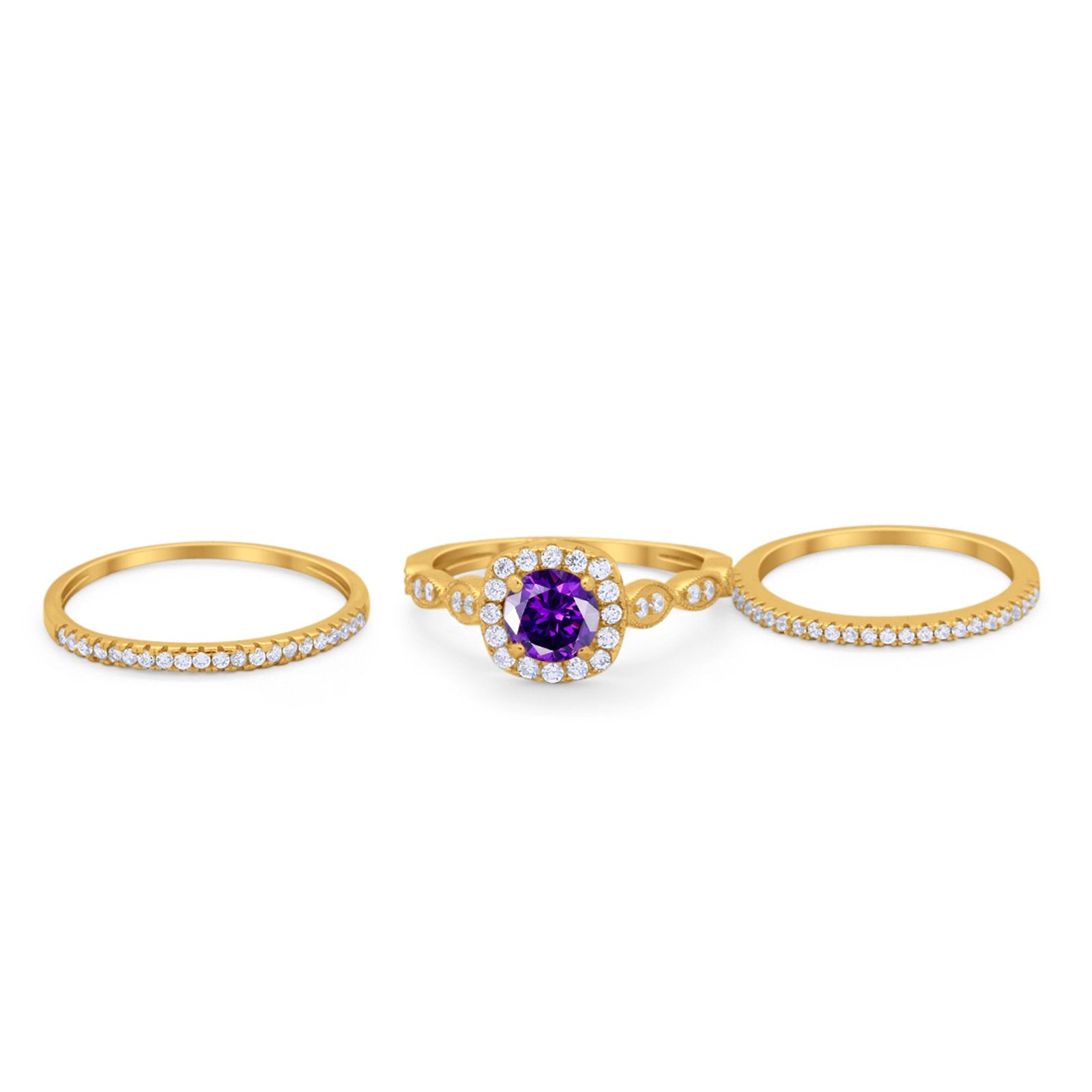 Art Deco Three Piece Vintage Style Engagement Ring Round Cubic Zirconia 925 Sterling Silver