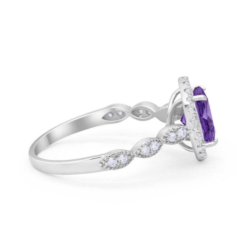 Art Deco Wedding Halo Ring Oval Simulated Cubic Zirconia 925 Sterling Silver