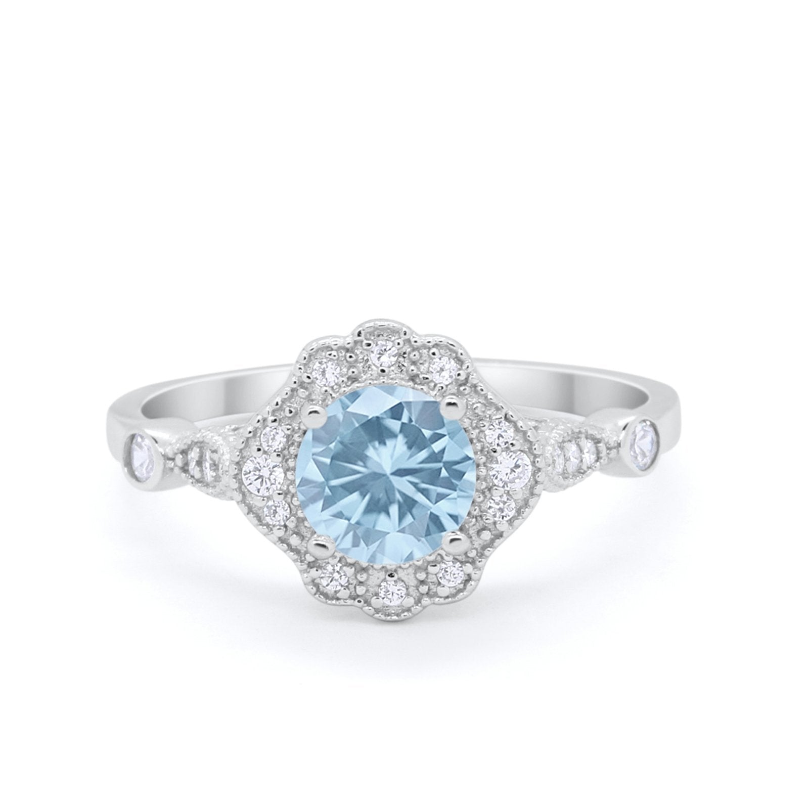 Halo Vintage Style Engagement Ring Simulated Cubic Zirconia 925 Sterling Silver