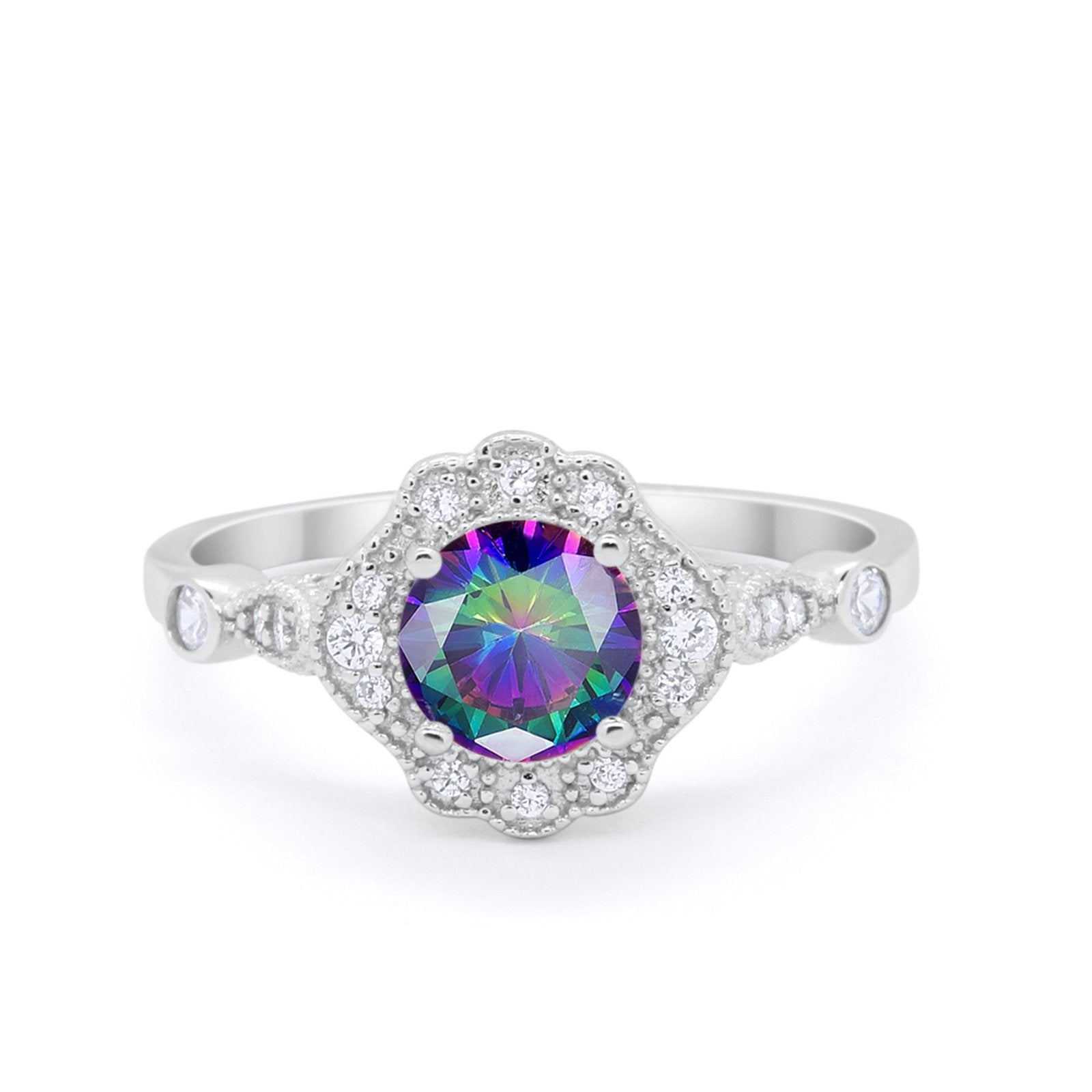 Halo Vintage Style Engagement Ring Simulated Cubic Zirconia 925 Sterling Silver
