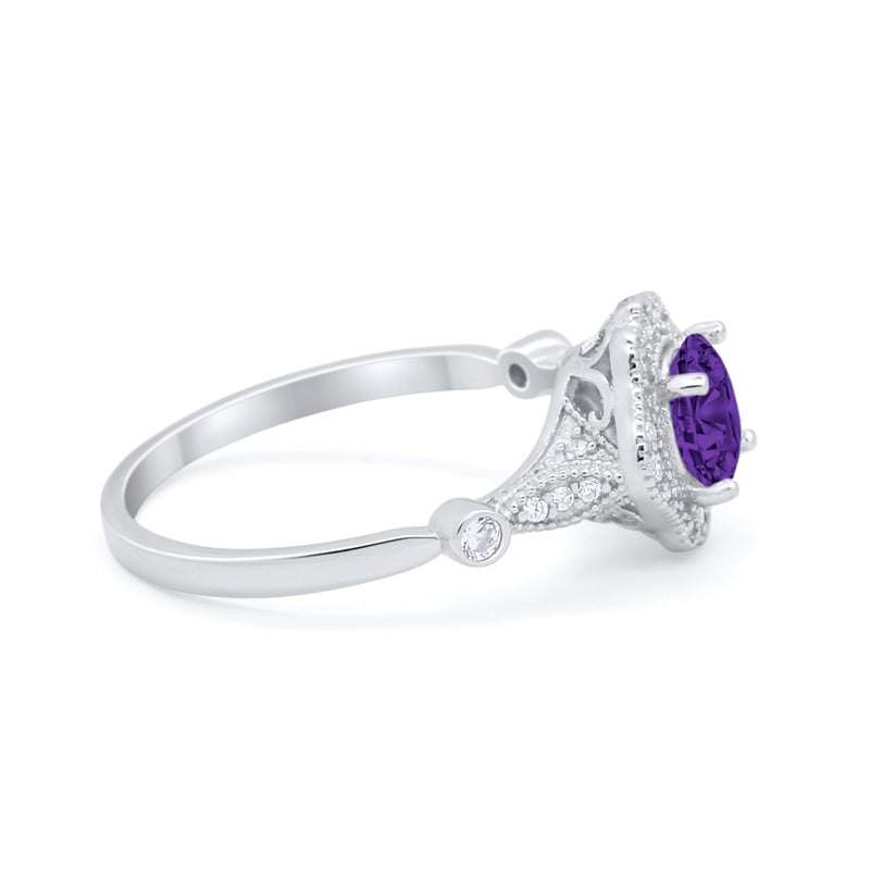 Halo Vintage Style Engagement Ring Simulated Cubic Zirconia 925 Sterling Silver
