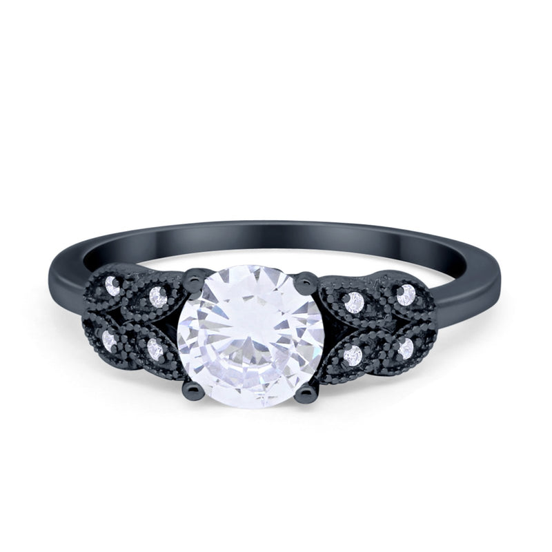 Art Deco Flower Style Wedding Engagement Bridal Ring Round Simulated Cubic Zirconia  925 Sterling Silver