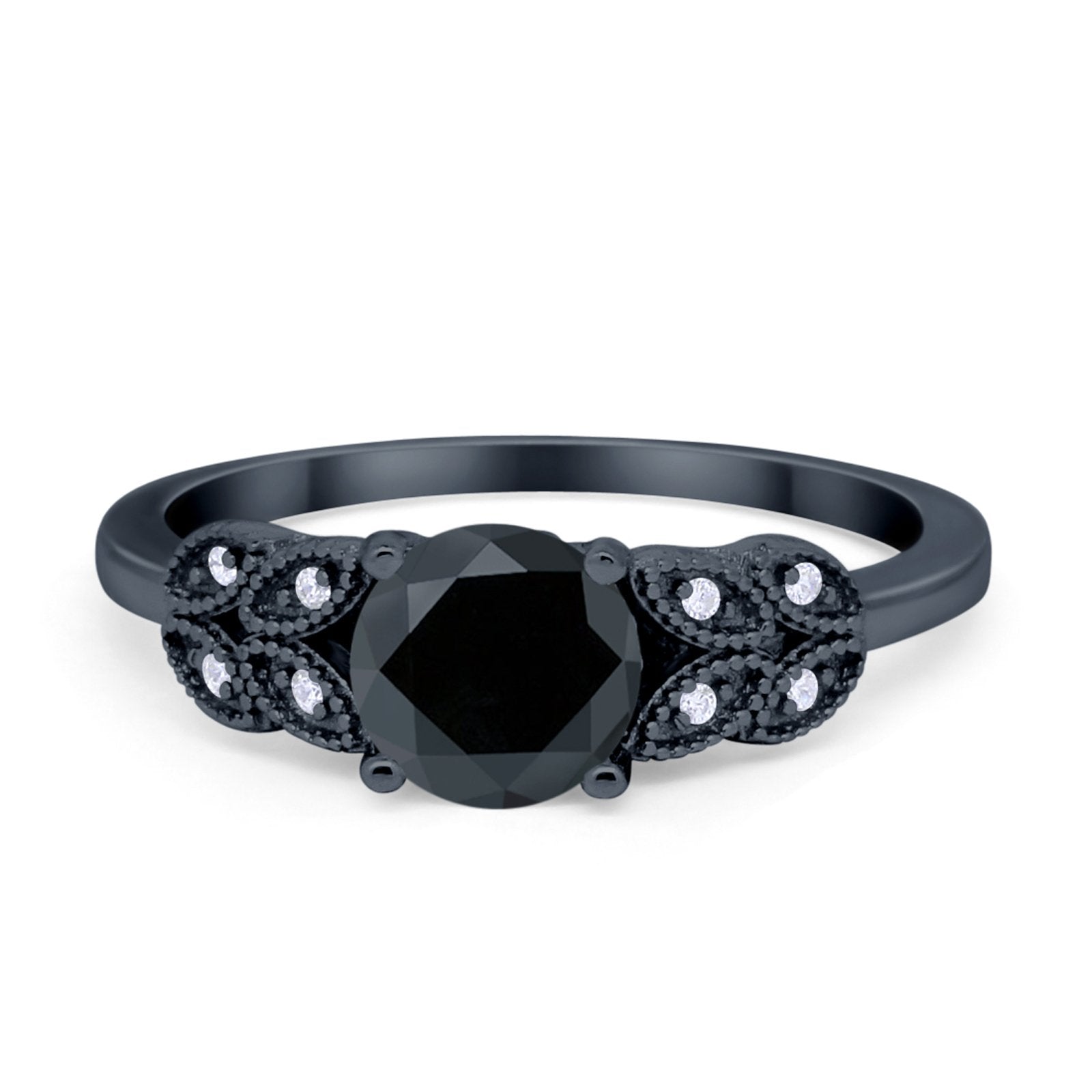 Art Deco Flower Style Wedding Engagement Bridal Ring Round Simulated Cubic Zirconia  925 Sterling Silver