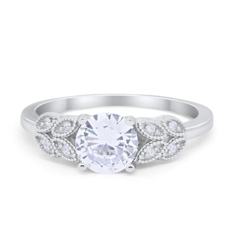 Art Deco Flower Style Wedding Engagement Bridal Ring Round Simulated Cubic Zirconia  925 Sterling Silver