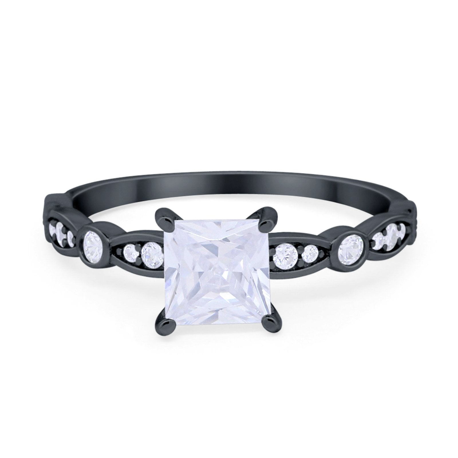 Art Deco Princess Cut Wedding Engagement Ring Round Cubic Zirconia 925 Sterling Silver