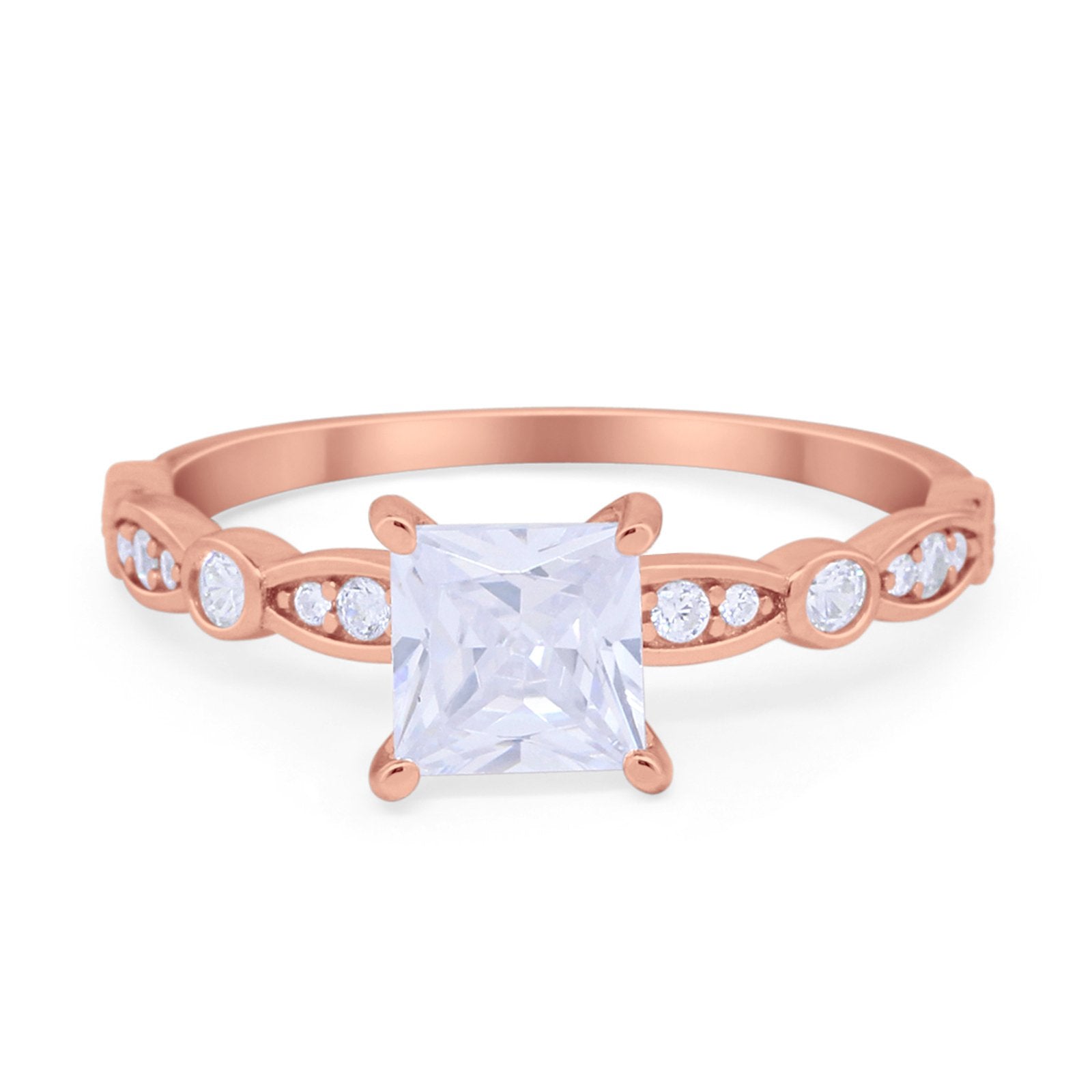 Art Deco Princess Cut Wedding Engagement Ring Round Cubic Zirconia 925 Sterling Silver