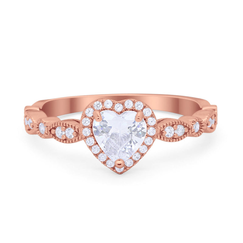 Art Deco Heart Promise Wedding Ring Simulated Cubic Zirconia 925 Sterling Silver