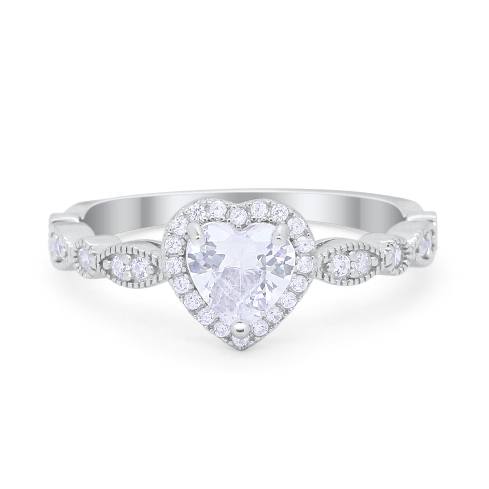 Art Deco Heart Promise Wedding Ring Simulated Cubic Zirconia 925 Sterling Silver