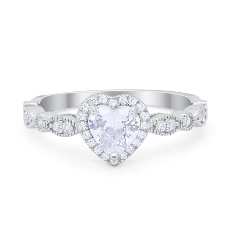 Art Deco Heart Promise Wedding Ring Simulated Cubic Zirconia 925 Sterling Silver