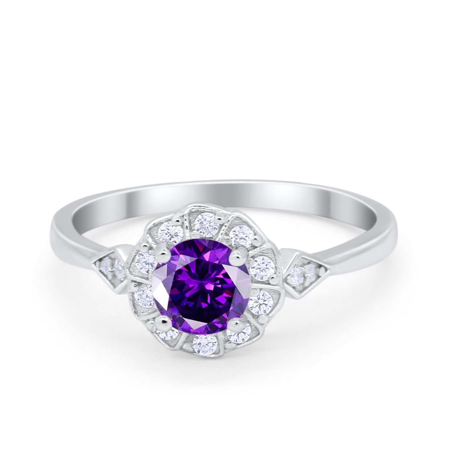 Halo Wedding Engagement Vintage Style Bridal Ring Round Cubic Zirconia 925 Sterling Silver