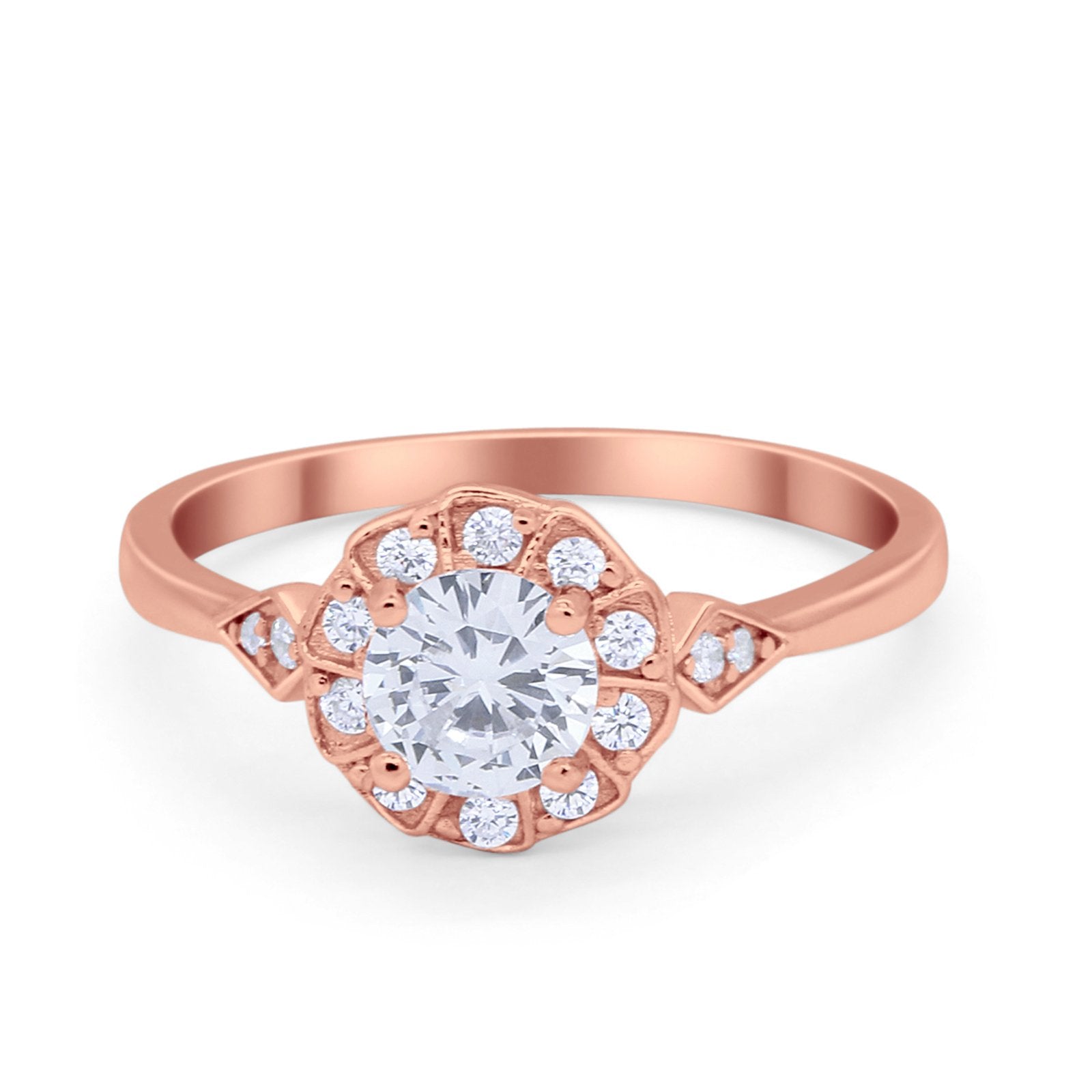 Halo Wedding Engagement Vintage Style Bridal Ring Round Cubic Zirconia 925 Sterling Silver