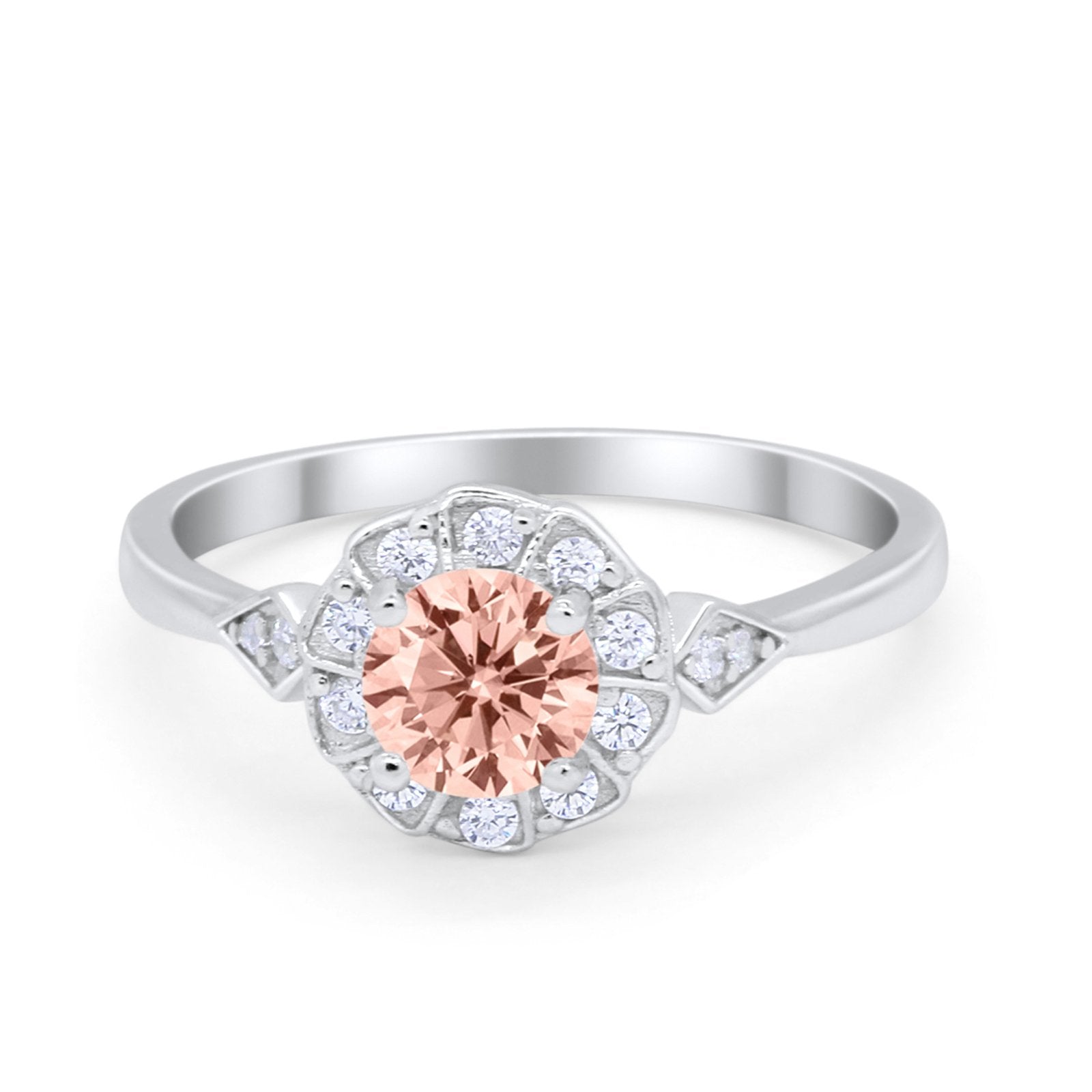 Halo Wedding Engagement Vintage Style Bridal Ring Round Cubic Zirconia 925 Sterling Silver
