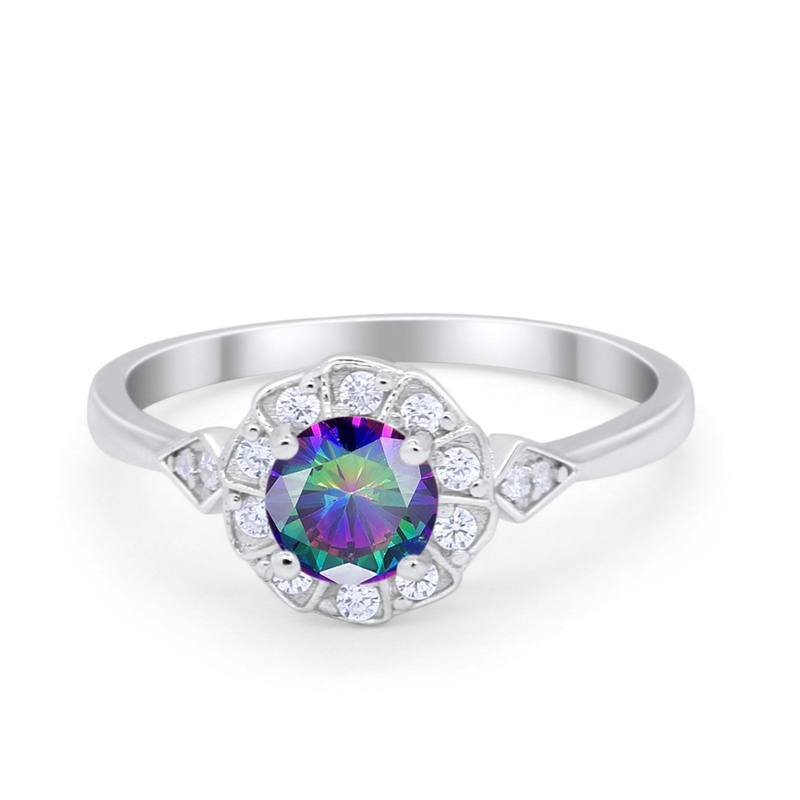 Halo Wedding Engagement Vintage Style Bridal Ring Round Cubic Zirconia 925 Sterling Silver