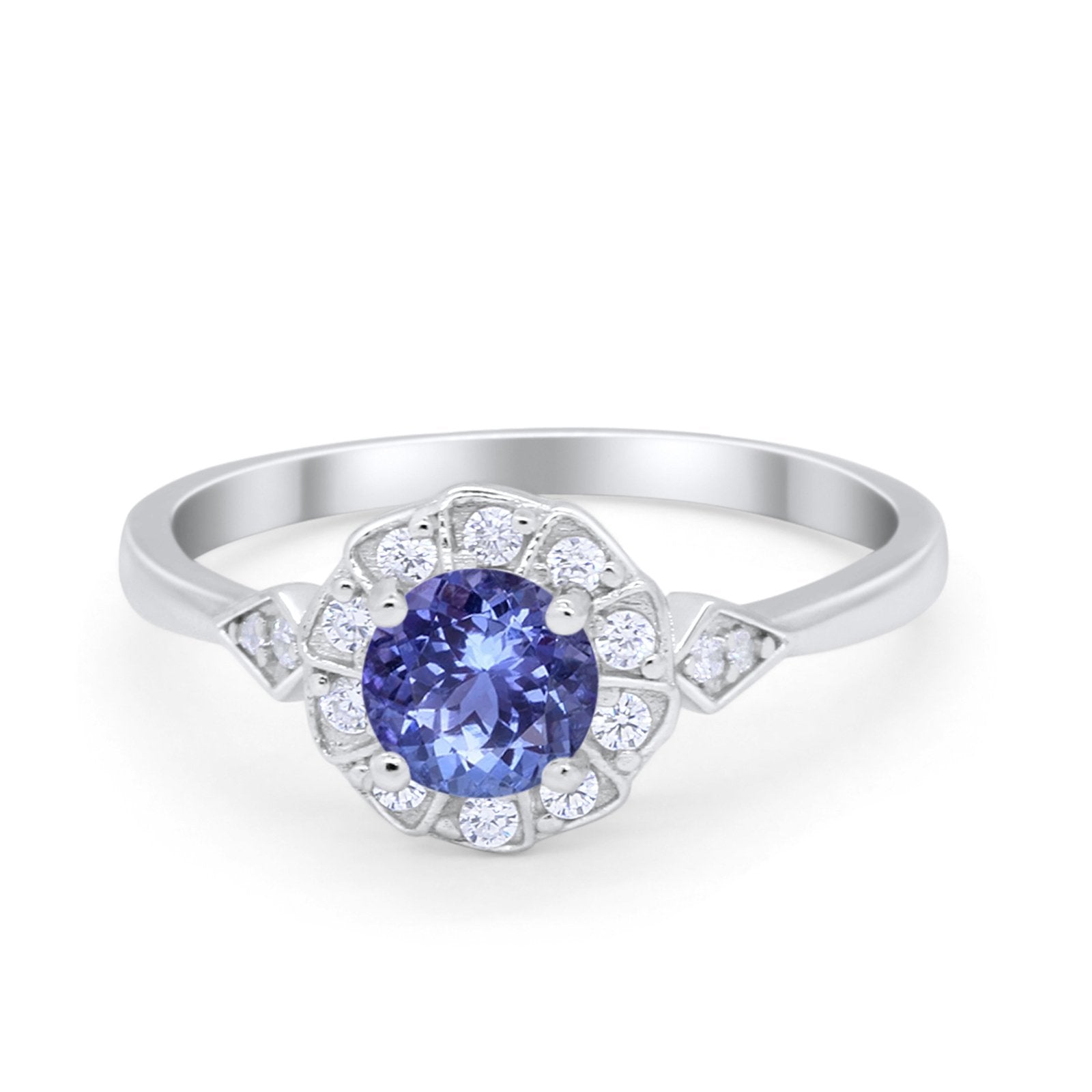 Halo Wedding Engagement Vintage Style Bridal Ring Round Cubic Zirconia 925 Sterling Silver