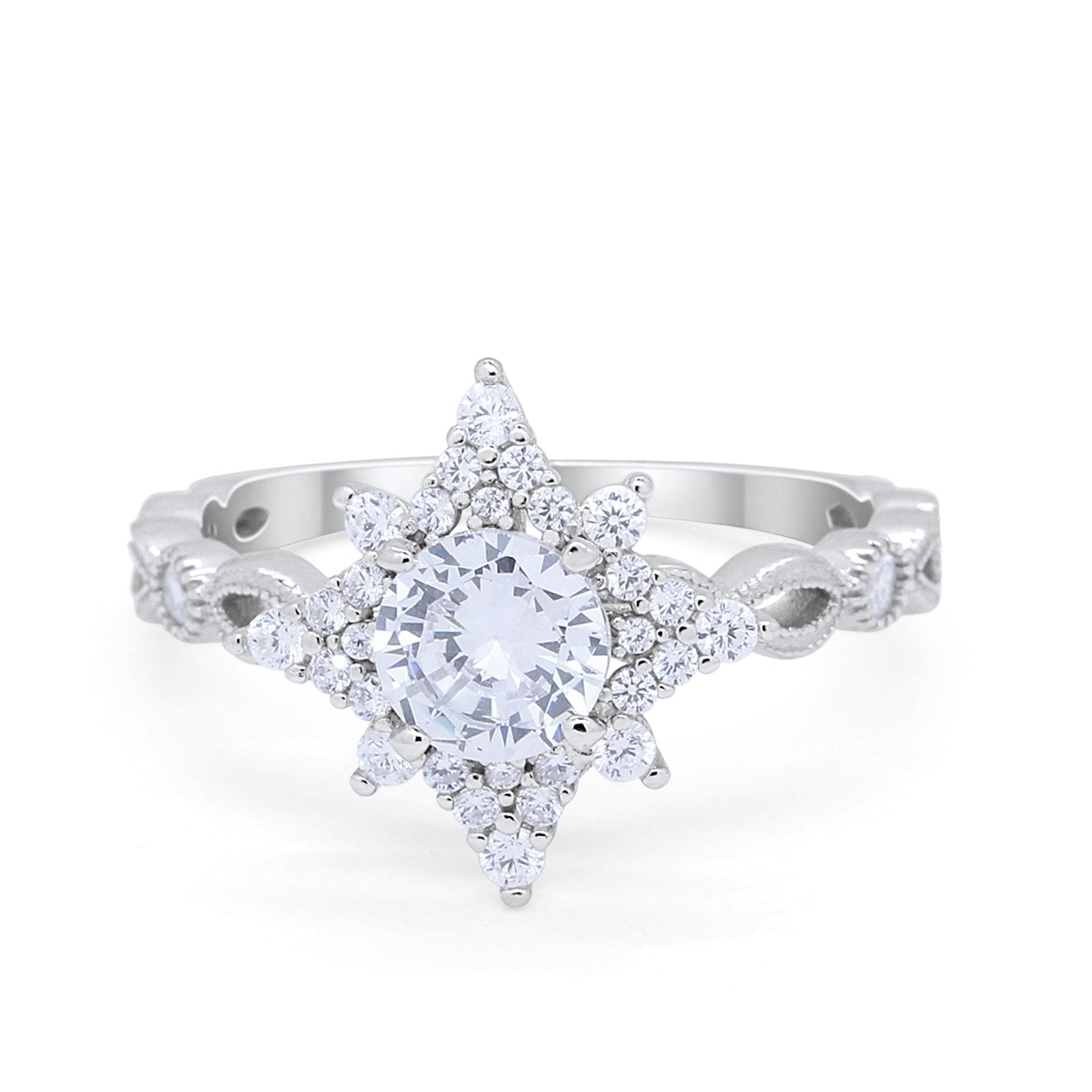 Floral Vintage Style Wedding Engagement Ring Round Cubic Zirconia 925 Sterling Silver