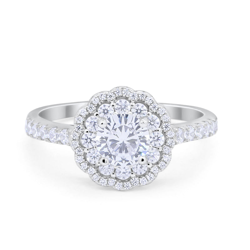 Art Deco Halo Wedding Ring Simulated Cubic Zirconia Accent 925 Sterling Silver