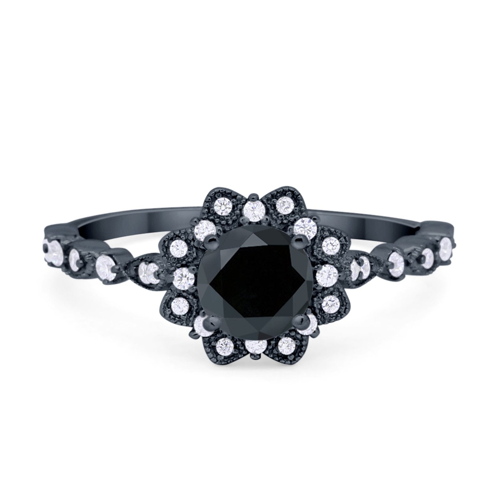 Art Deco Floral Style Wedding Engagemnet Ring Round Cubic Zirconia 925 Sterling Silver
