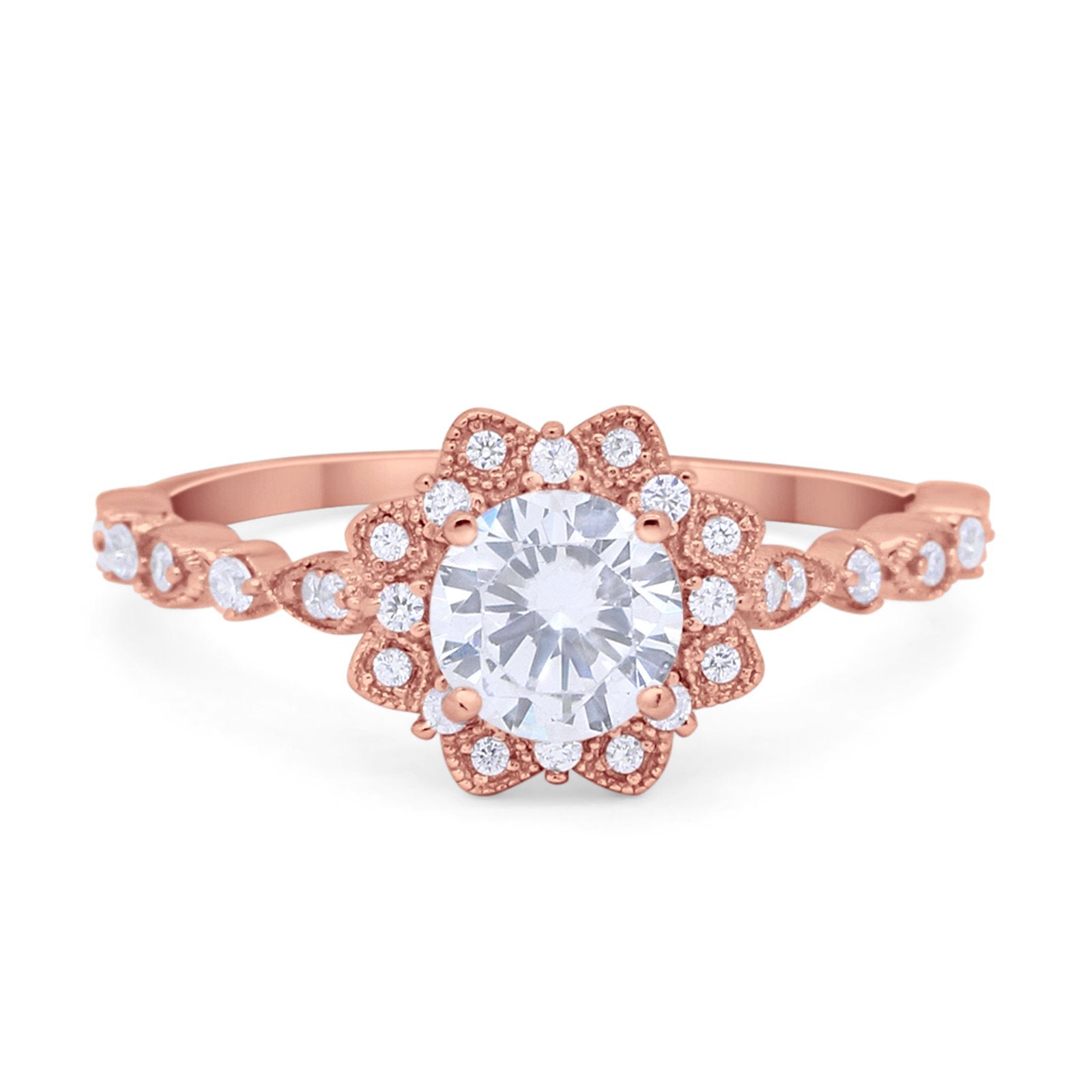 Art Deco Floral Style Wedding Engagemnet Ring Round Cubic Zirconia 925 Sterling Silver