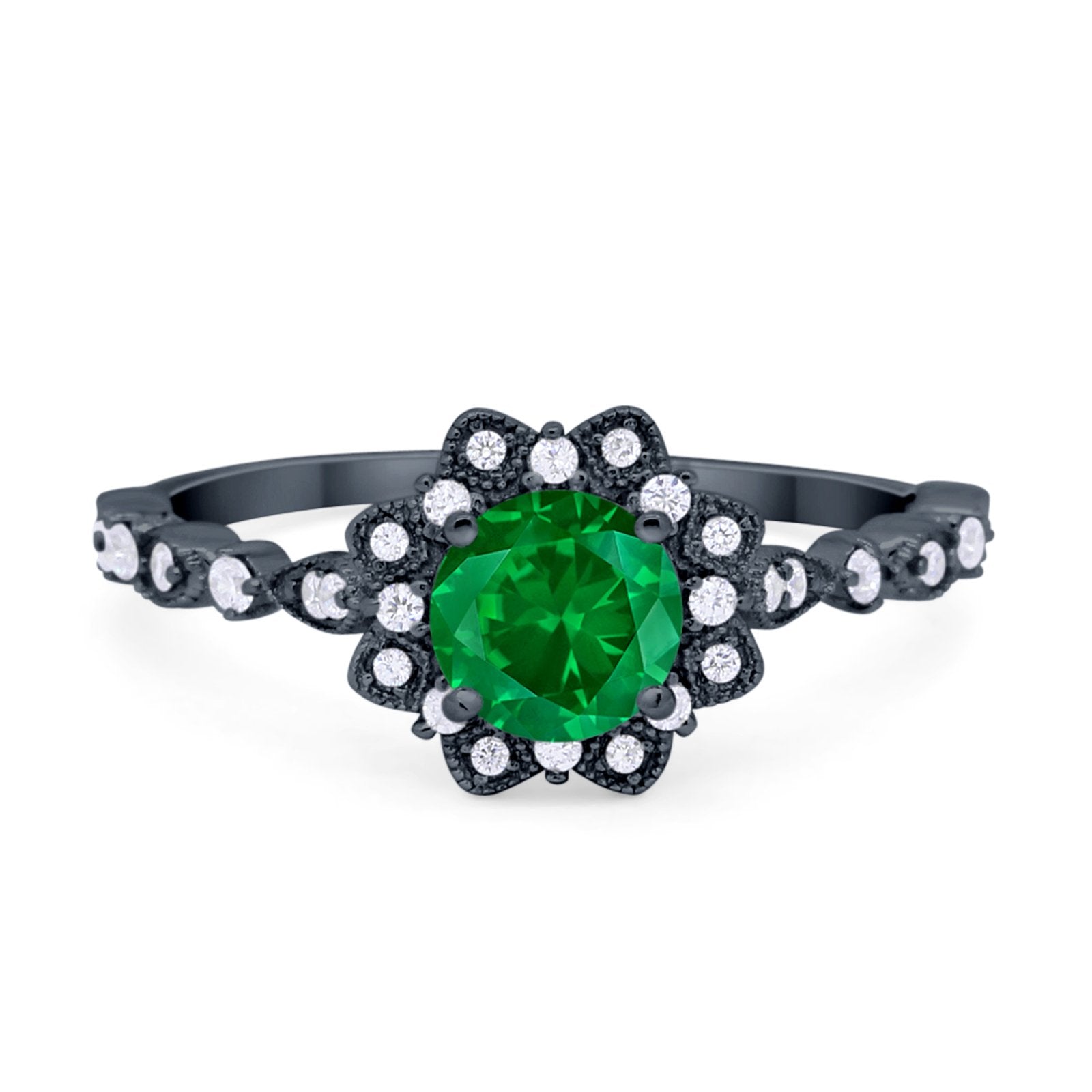 Art Deco Floral Style Wedding Engagemnet Ring Round Cubic Zirconia 925 Sterling Silver