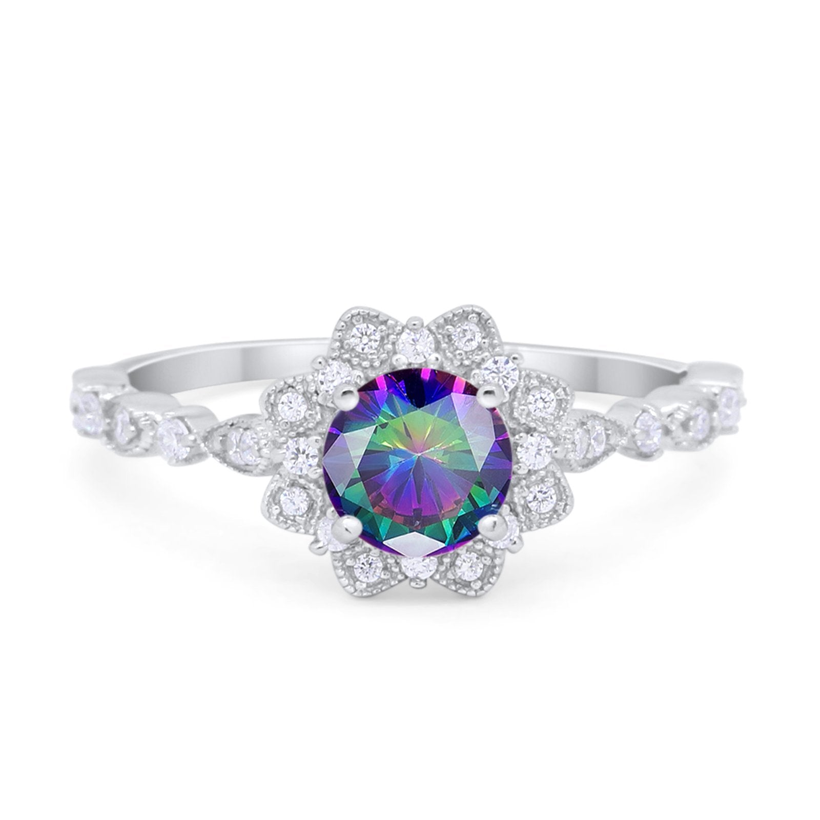 Art Deco Floral Style Wedding Engagemnet Ring Round Cubic Zirconia 925 Sterling Silver