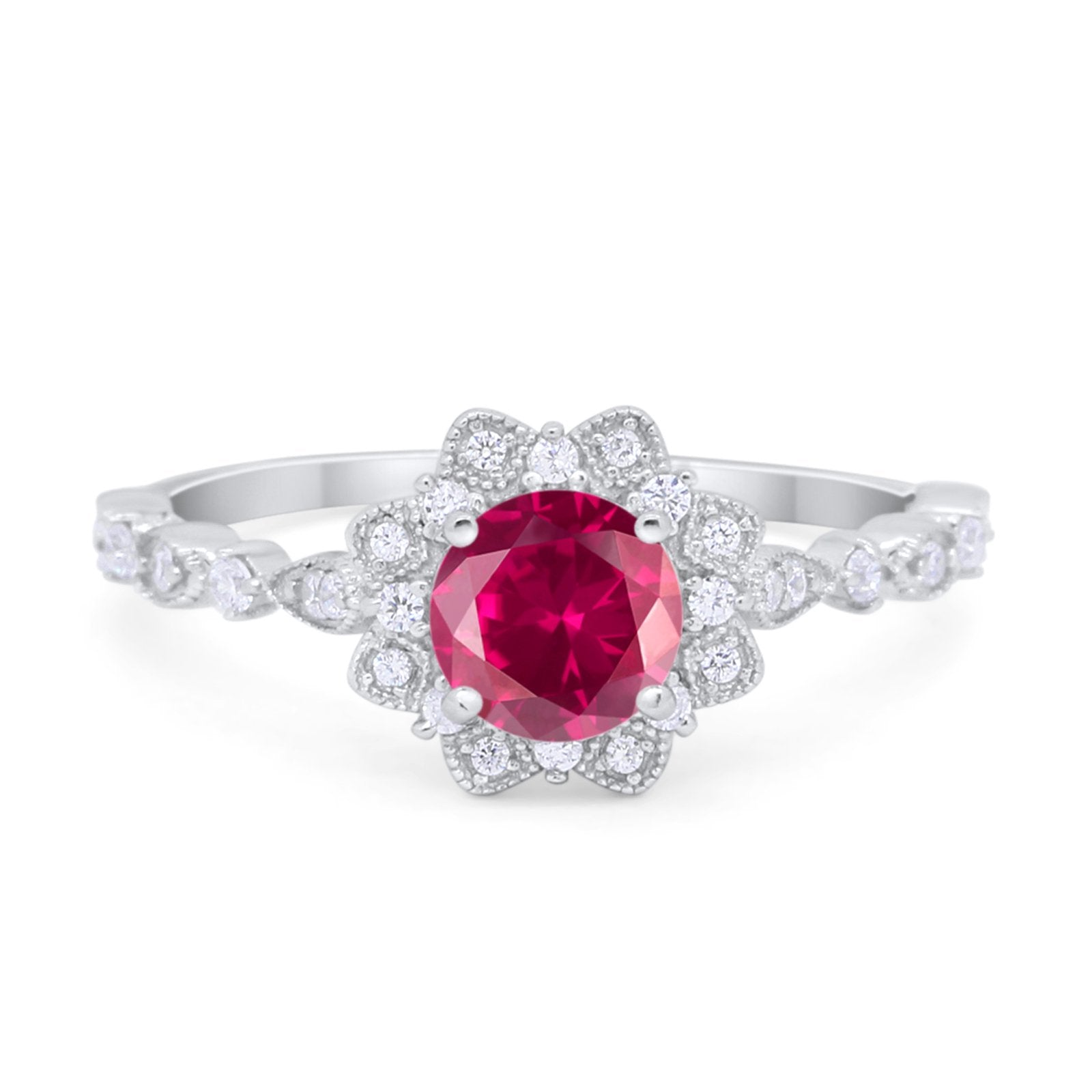 Art Deco Floral Style Wedding Engagemnet Ring Round Cubic Zirconia 925 Sterling Silver