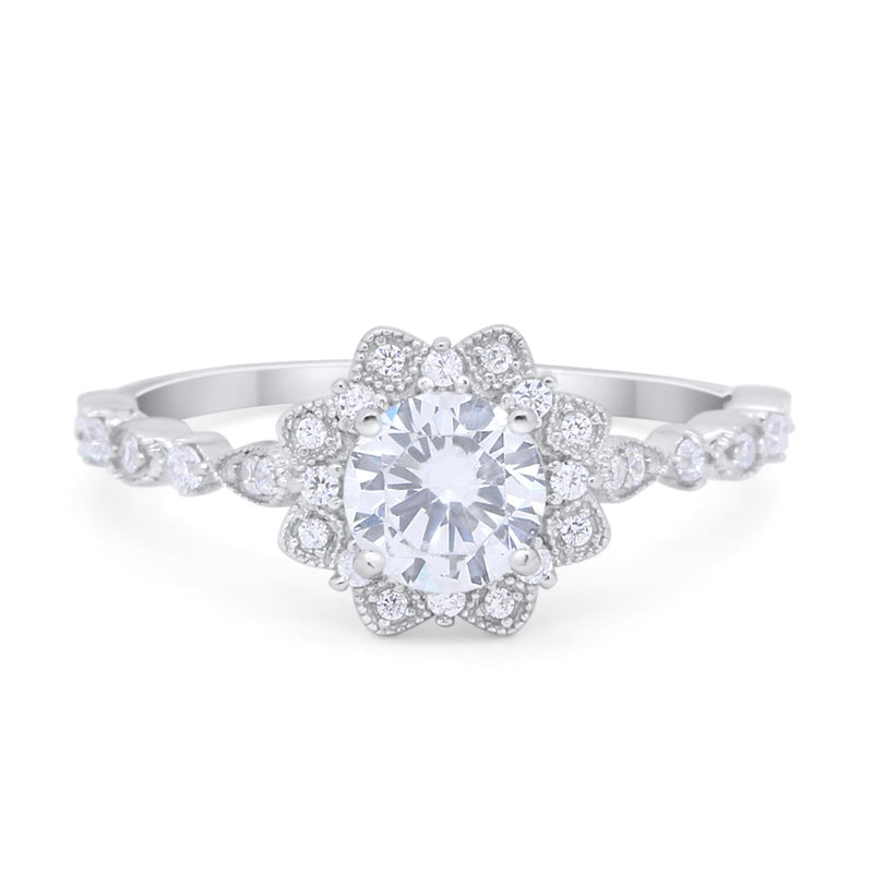 Art Deco Floral Style Wedding Engagemnet Ring Round Cubic Zirconia 925 Sterling Silver