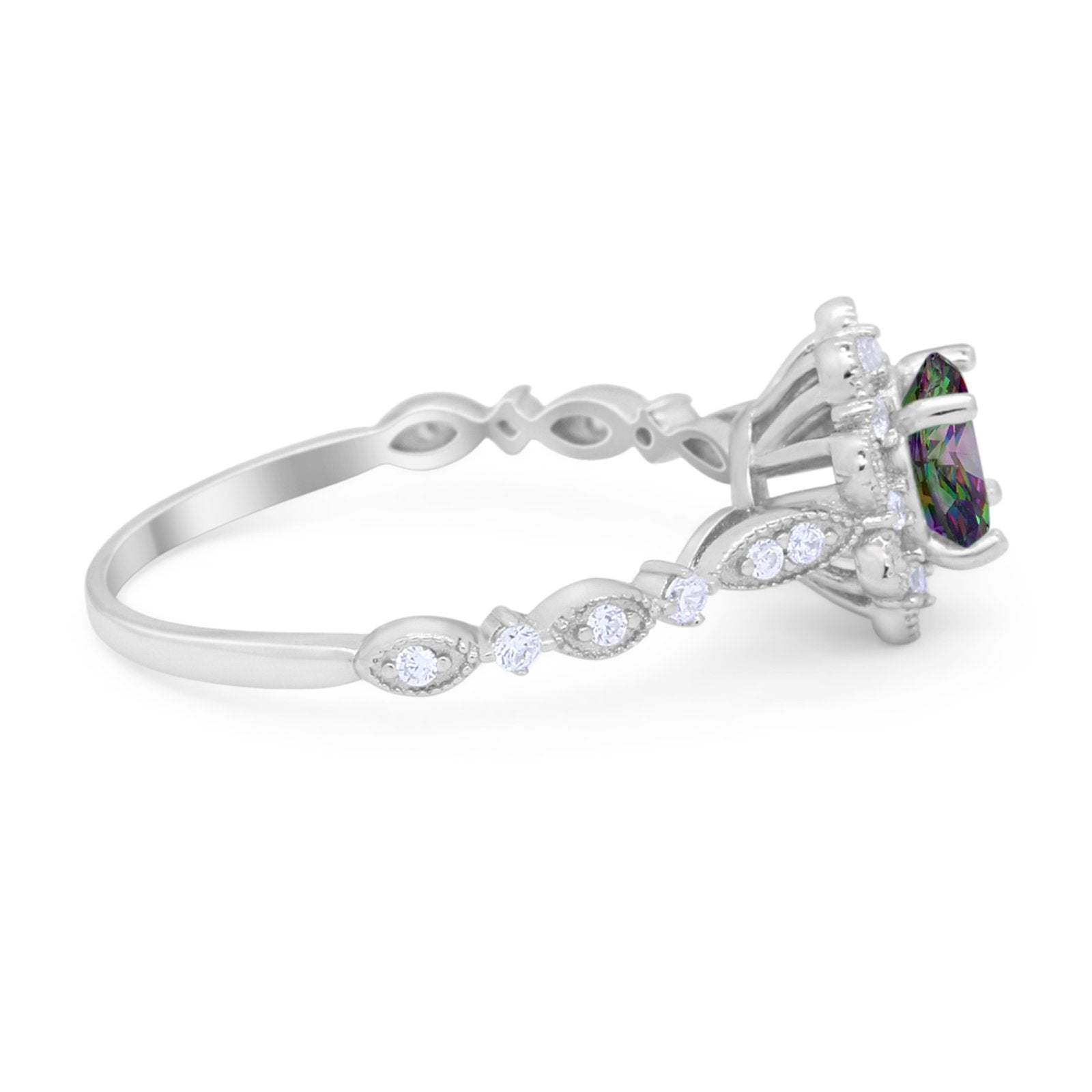 Art Deco Floral Style Wedding Engagemnet Ring Round Cubic Zirconia 925 Sterling Silver