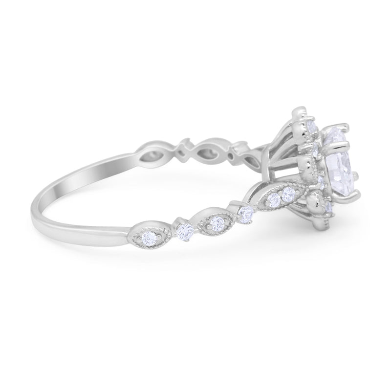 Art Deco Floral Style Wedding Engagemnet Ring Round Cubic Zirconia 925 Sterling Silver