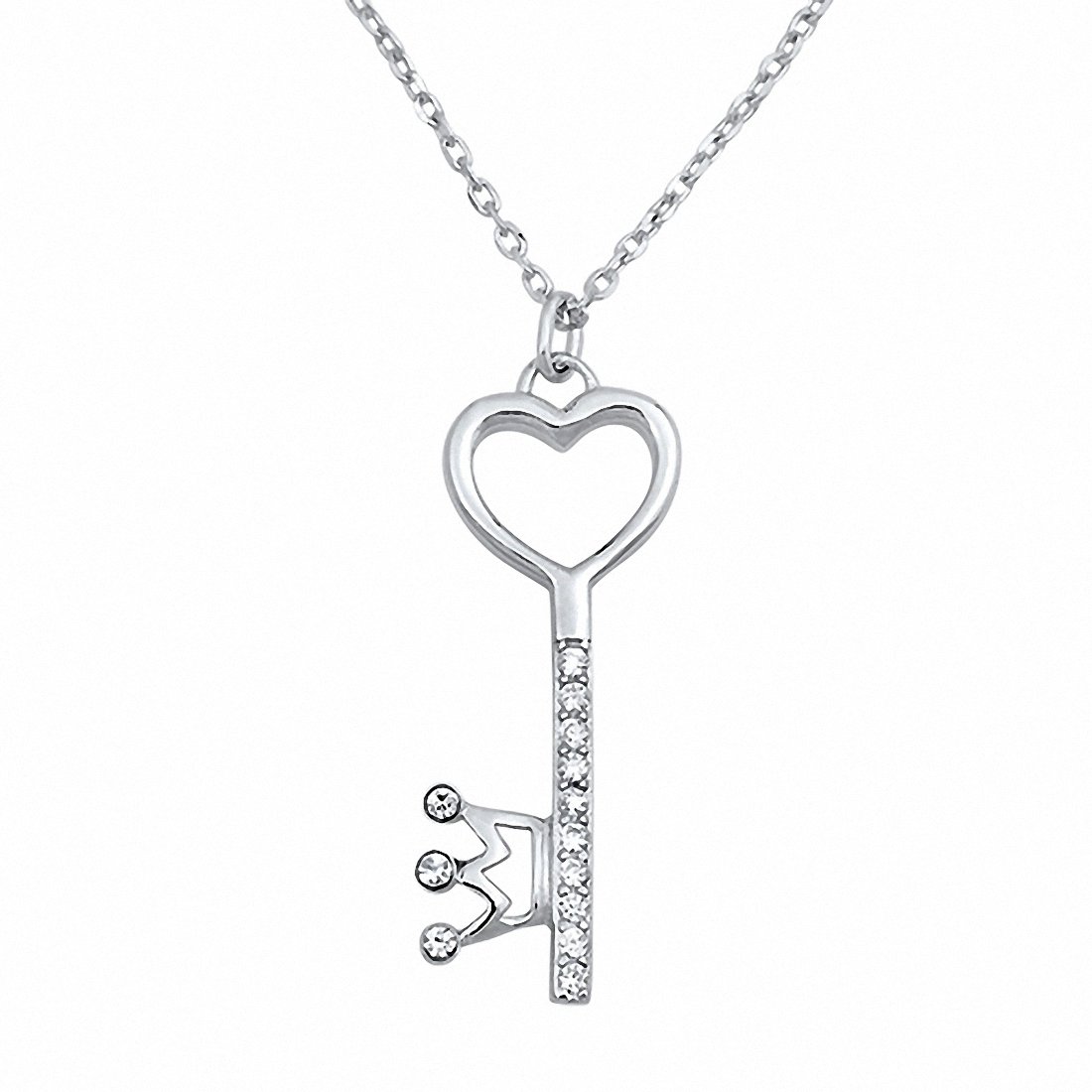 Heart Key Crown Necklace Pendant Round Simulated Cubic Zirconia 925 Sterling Silver