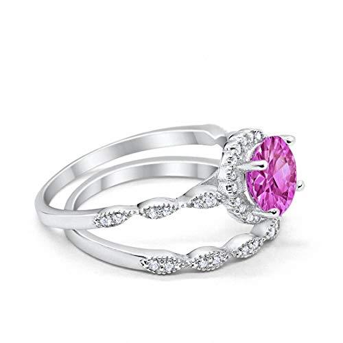 Two Piece Halo Wedding Ring Round Simulated Cubic Zirconia 925 Sterling Silver