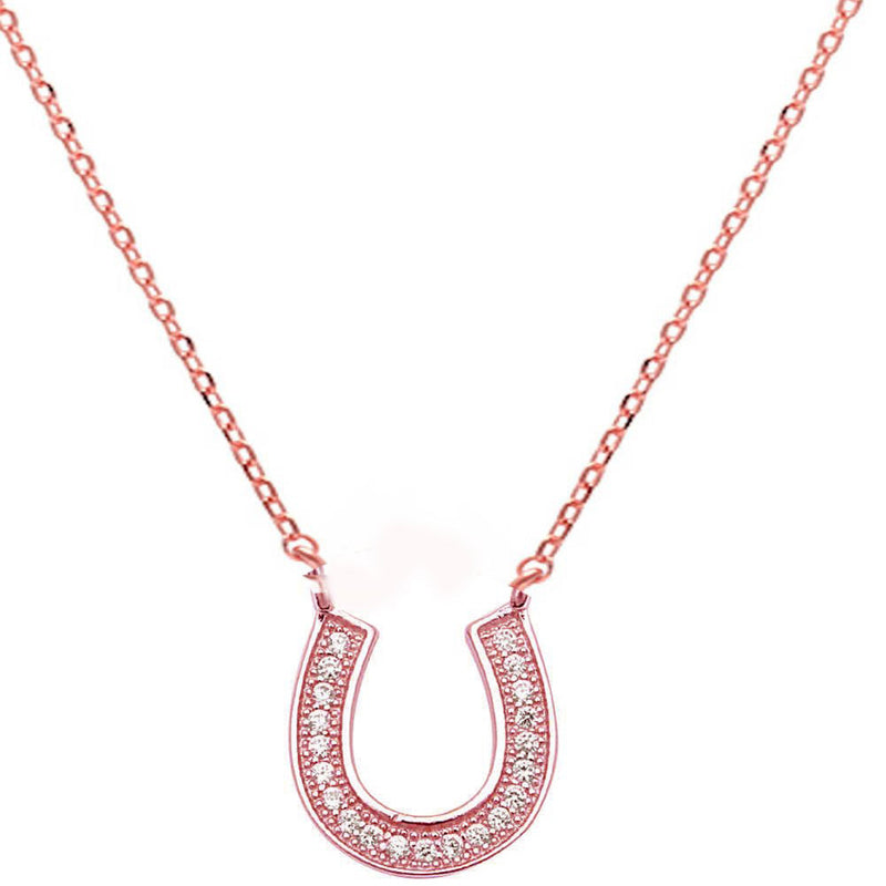 Horseshoe Necklace Pendant Round Cubic Zirconia 925 Sterling Silver Choose Color Horse Shoe - Blue Apple Jewelry