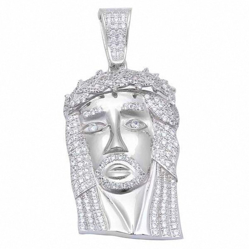 Hip Hop Jesus Face Pendant Round Cubic Zirconia Pave Solid 925 Sterling Silver