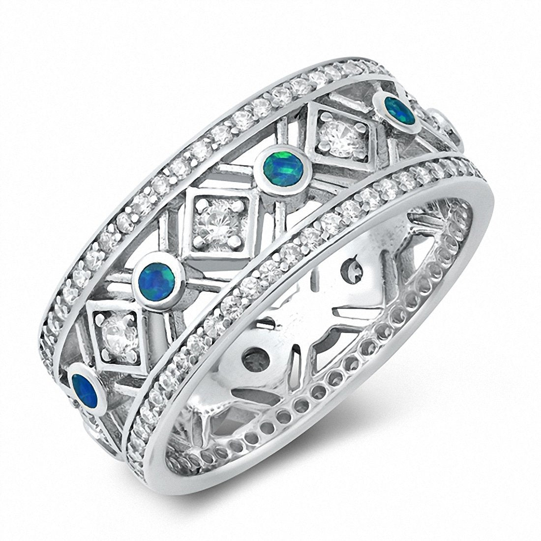 9mm Eternity Style Band Round Cubic Zirconia Created Opal 925 Sterling Silver Choose Color