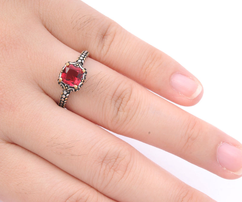 Engagement Ring Princess Shape Yellow Gold Tone, Simulated Red Ruby  925 Sterling Silver