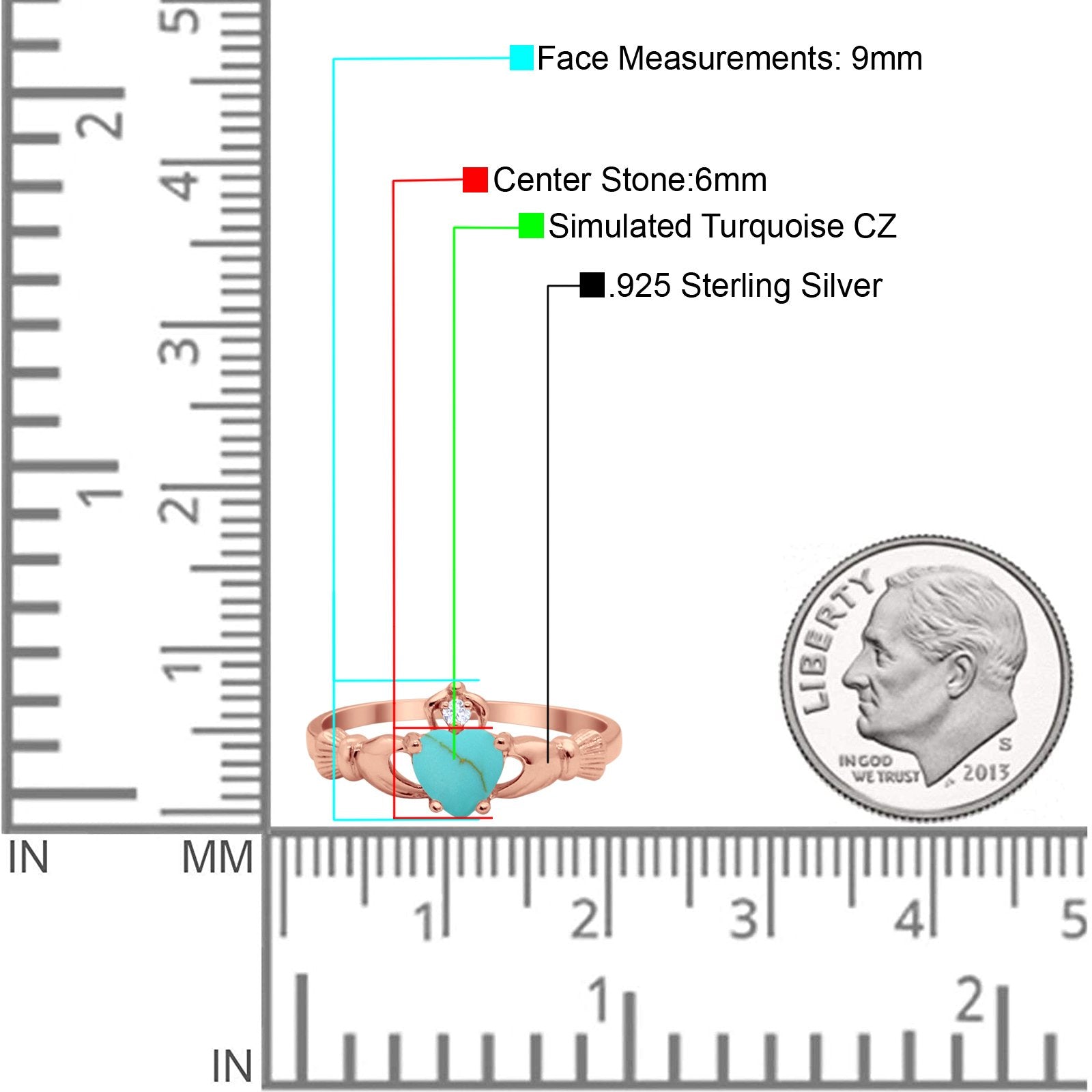 Heart Shape Simulated Cubic Zirconia Claddagh Wedding Ring 925 Sterling Silver