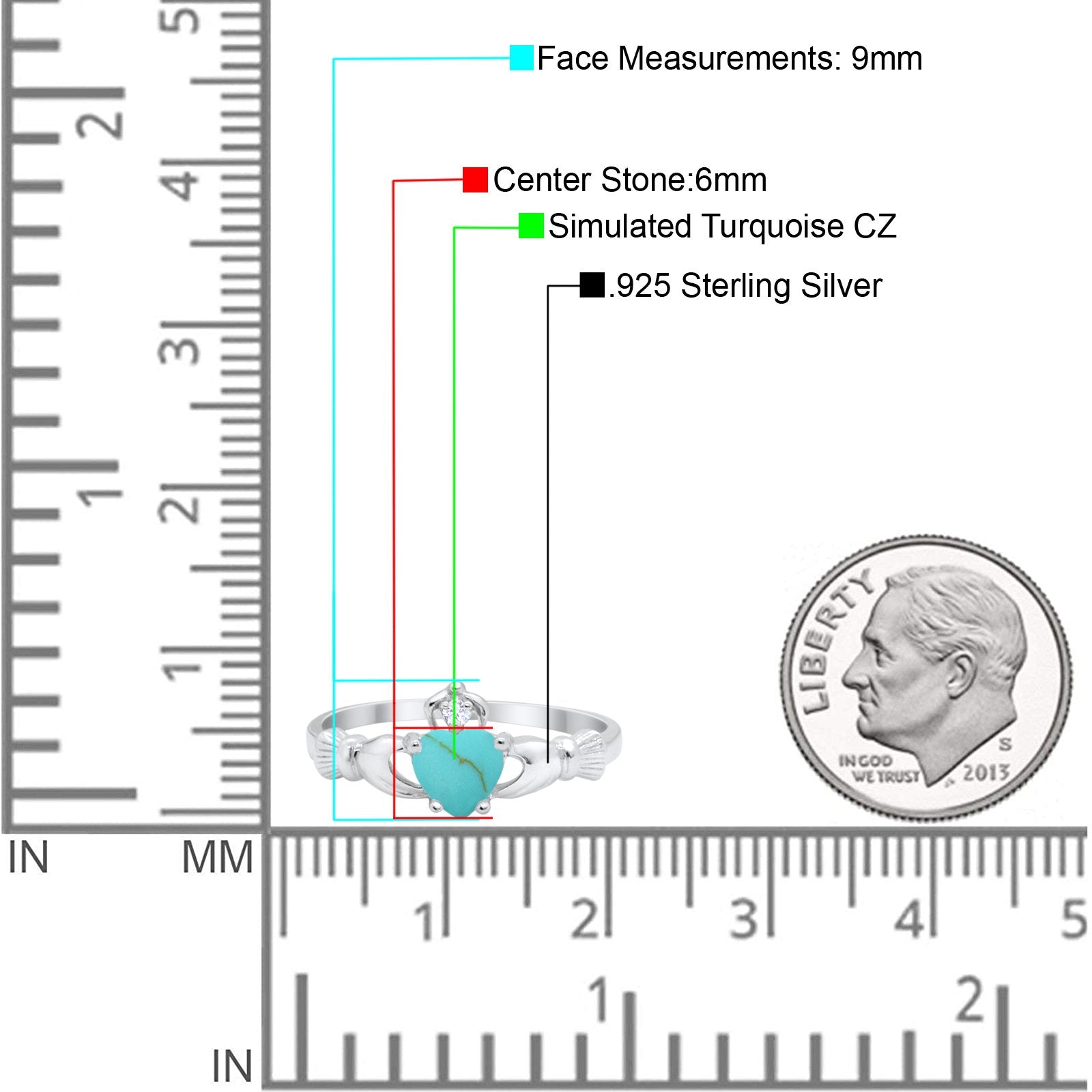 Heart Shape Simulated Cubic Zirconia Claddagh Wedding Ring 925 Sterling Silver