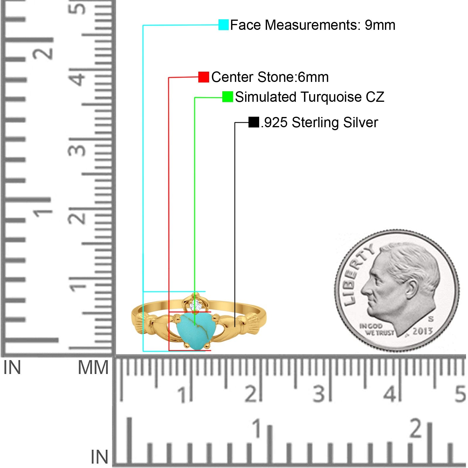 Heart Shape Simulated Cubic Zirconia Claddagh Wedding Ring 925 Sterling Silver