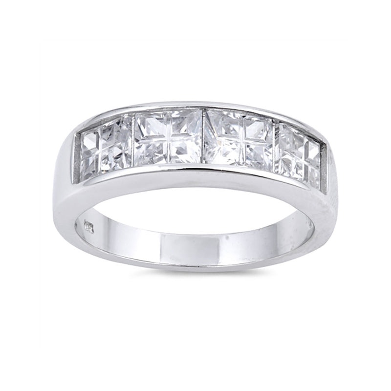 7mm Half Eternity Men Women Wedding Band Ring Unisex Princess Cut Cubic Zirconia 925 Sterling Silver - Blue Apple Jewelry