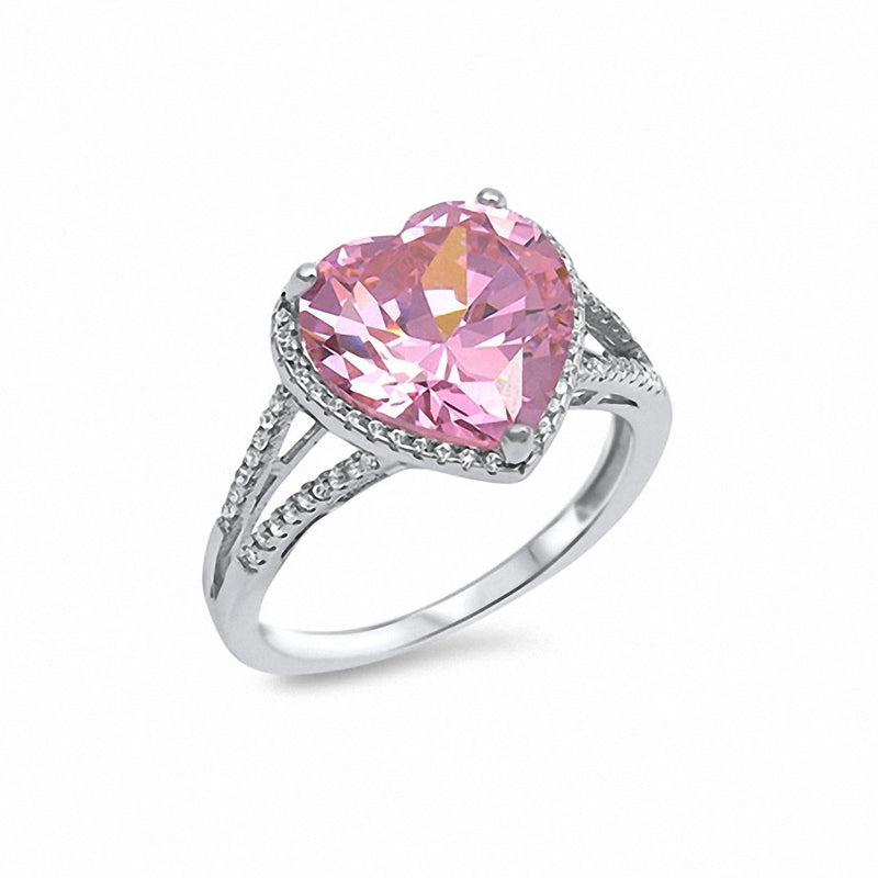 Halo Heart Ring Split Shank Cubic Zirconia 925 Sterling Silver Choose Color