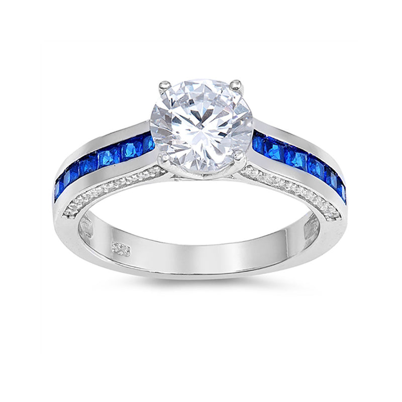 Engagement Ring Princess Cut Simulated Blue Sapphire Round CZ 925 Sterling Silver