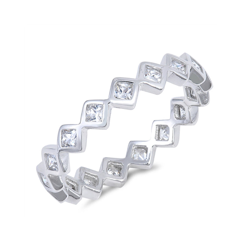 4mm Full Eternity Stackable Band Ring Square Design Cubic Zirconia 925 Sterlign Silver - Blue Apple Jewelry
