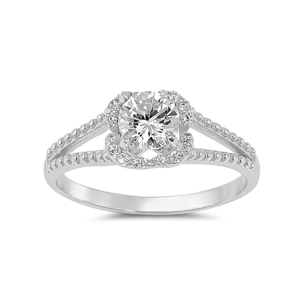 Classic Halo Split Shank Wedding Engagement Ring Round Cubic Zirconia 925 Sterling Silver - Blue Apple Jewelry