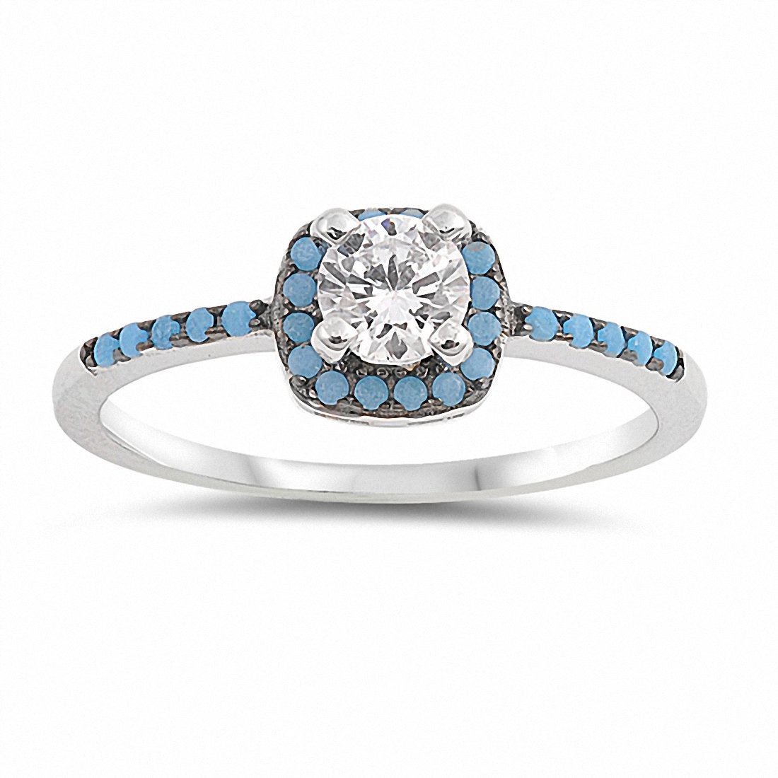 Halo Solitaire Accent Fashion Ring Round Cubic Zirconia Simulated Nano Turquoise 925 Sterling Silver