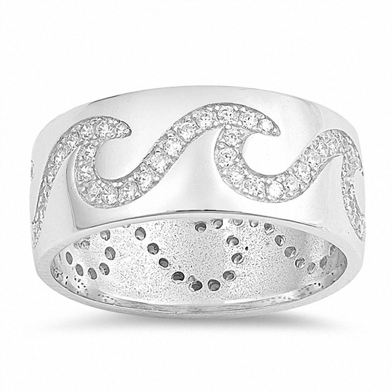 9mm Wave Band Ring Pave Round 925 Sterling Silver