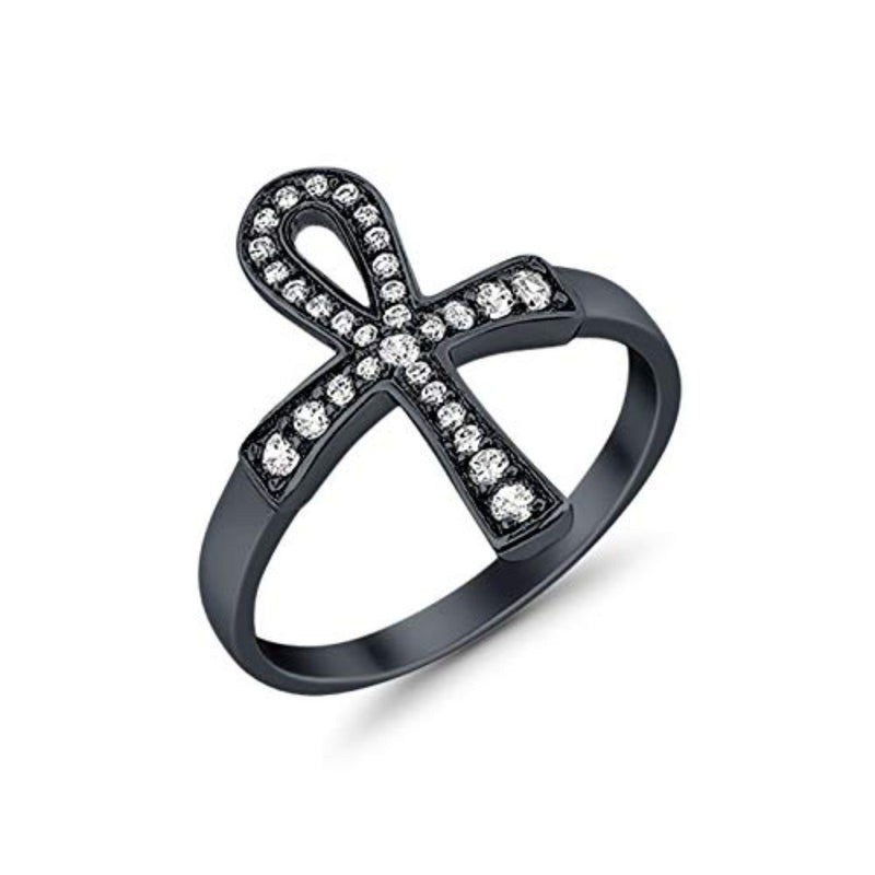 Cross Ankh Eternity Ring Round Simulated CZ 925 Sterling Silver