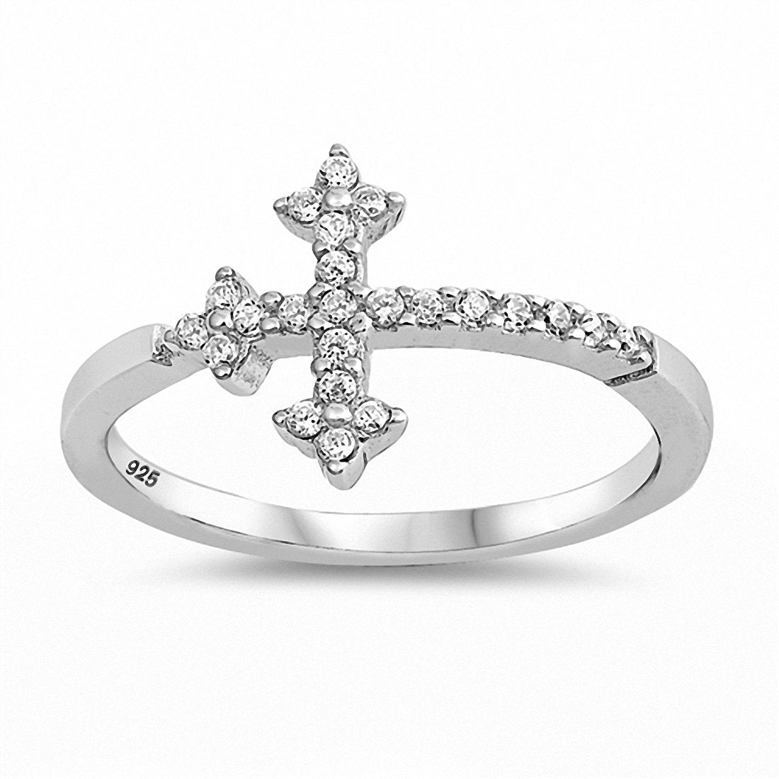 Sideways Cross Ring Round Cubic Zirconi 925 Sterling Silver Choose Color