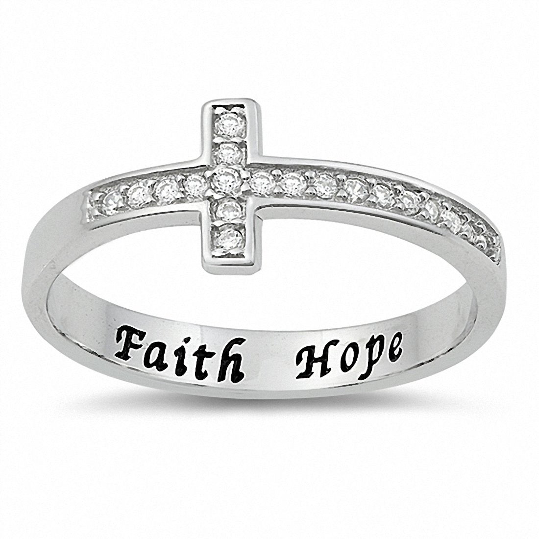 Faith Hope Sideways Cross Ring Round Cubic Zirconia 925 Sterling Silver Choose Color