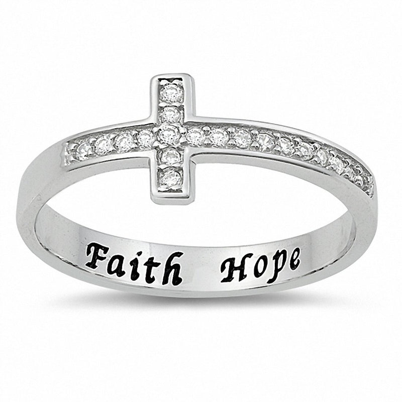 Faith Hope Sideways Cross Ring Round Cubic Zirconia 925 Sterling Silver Choose Color