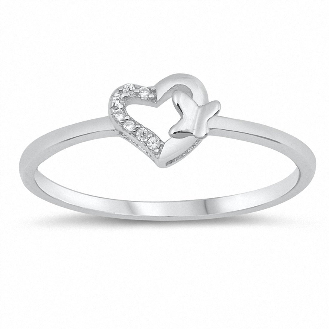 Heart Butterfly Ring Round Cubic Zirconia 925 Sterling Silver Choose Color