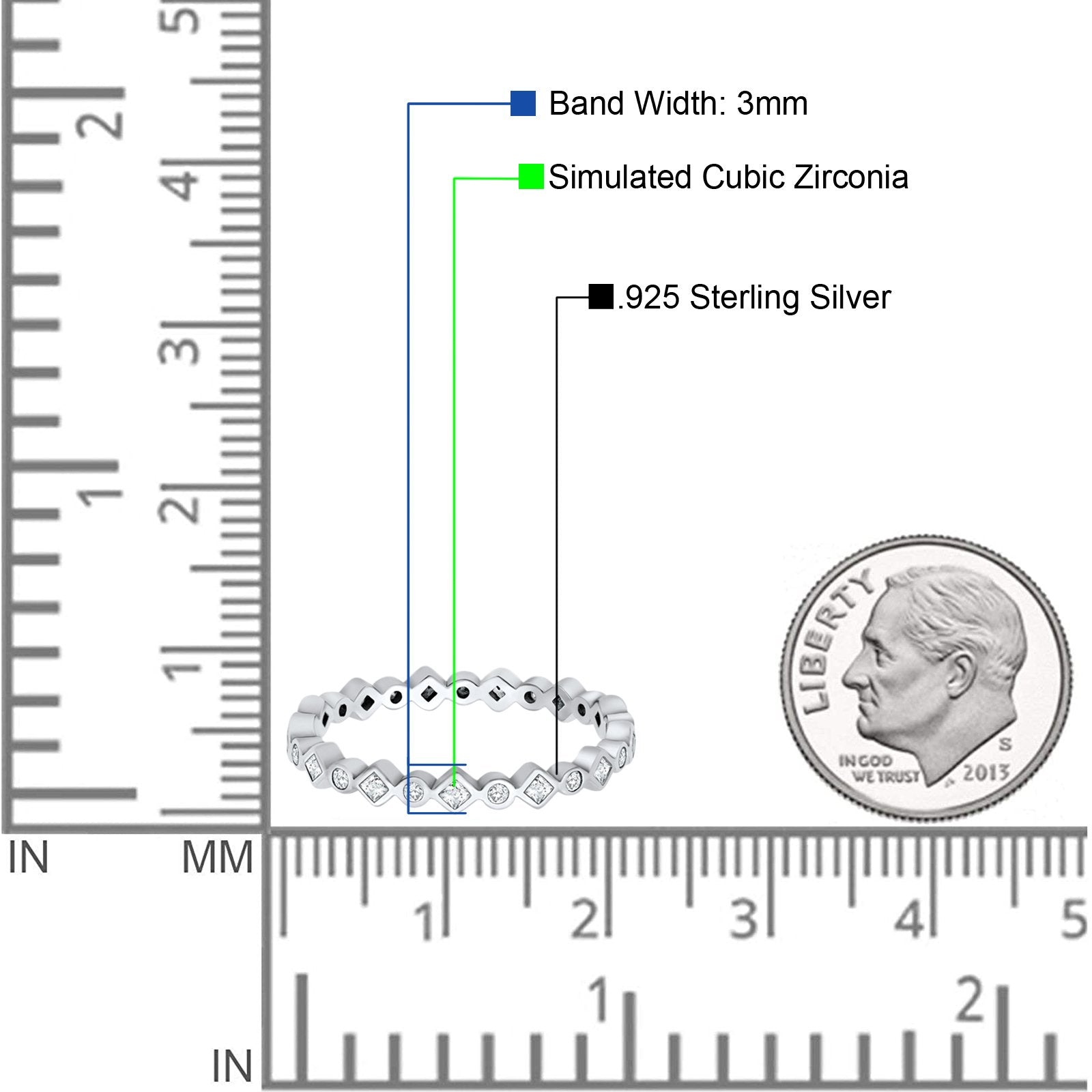 Stackable 2.5mm Full Eternity Art Deco Wedding Band Ring 925 Sterling Silver